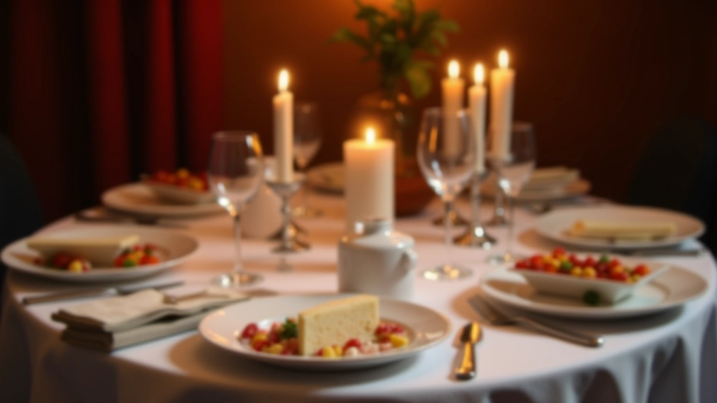 Overhead view of dining table with food plates, wine glasses, scattered clue cards, and character information sheets during active mystery solving