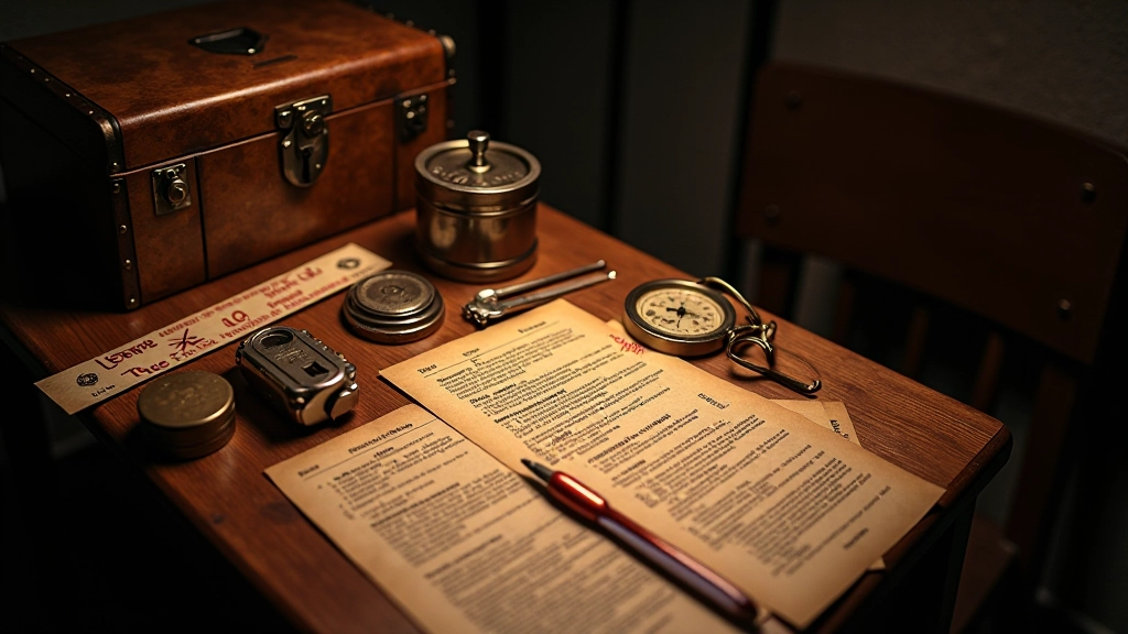 Overhead view of escape room with locked mechanisms, puzzle boxes, and clue notes scattered across surfaces