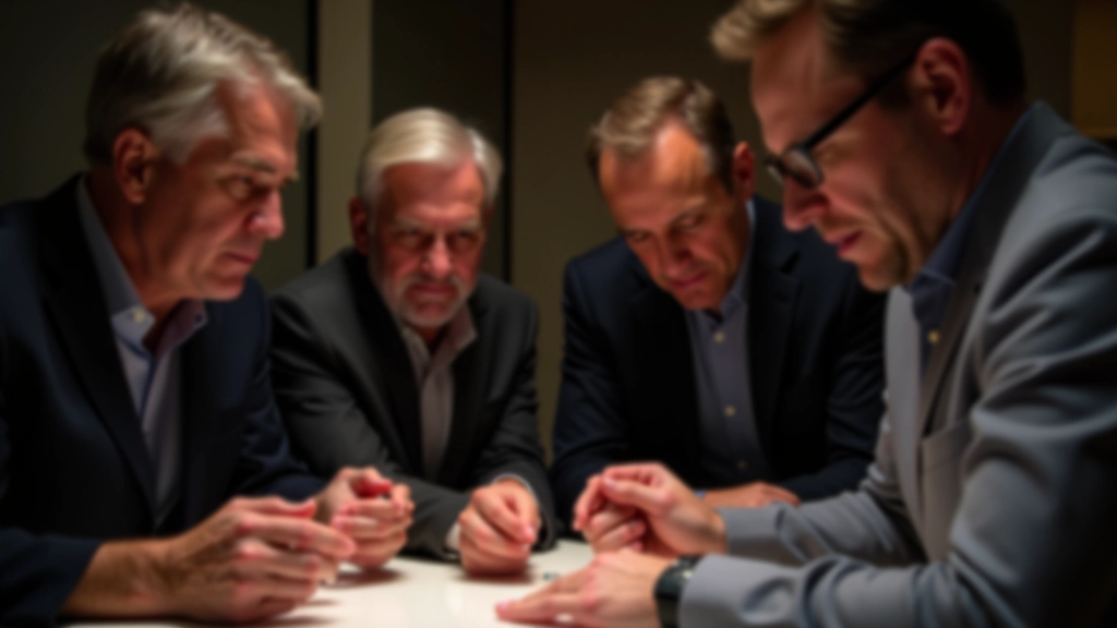 Four adults aged 40-55 working together around a table with puzzle components, focused concentration