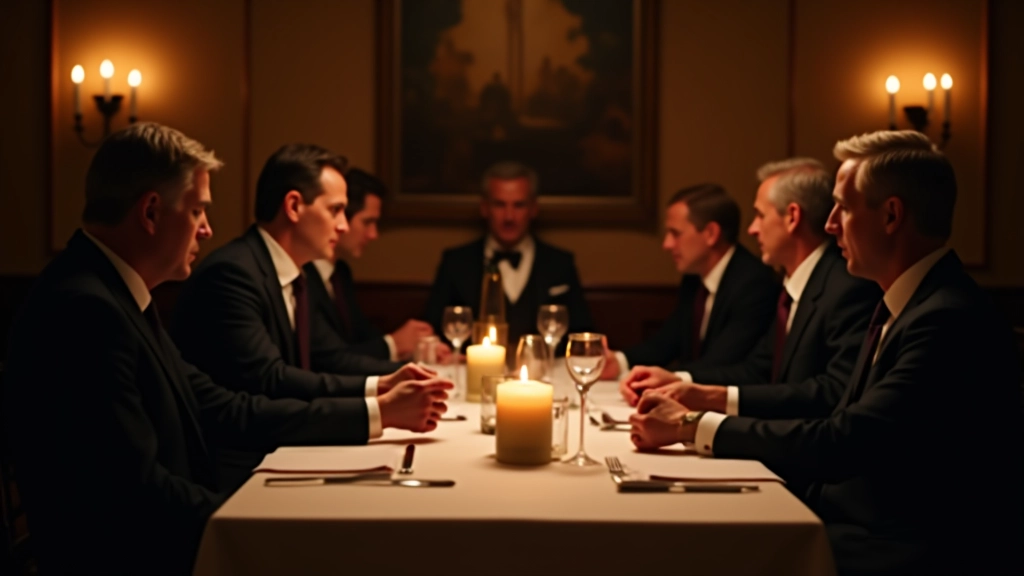 Group of mature adults seated around elegant dinner table with wine glasses, papers, and mysterious props during murder mystery game evening