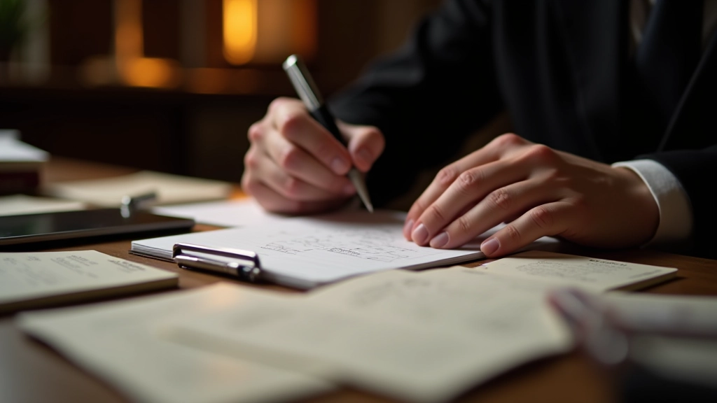 Hands writing notes and organizing clue cards on desk with multiple puzzle elements arranged methodically