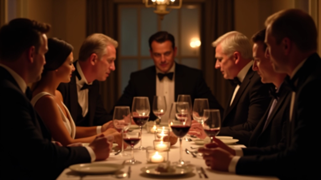 Group of adults in costume at mystery dinner event with dramatic lighting and props