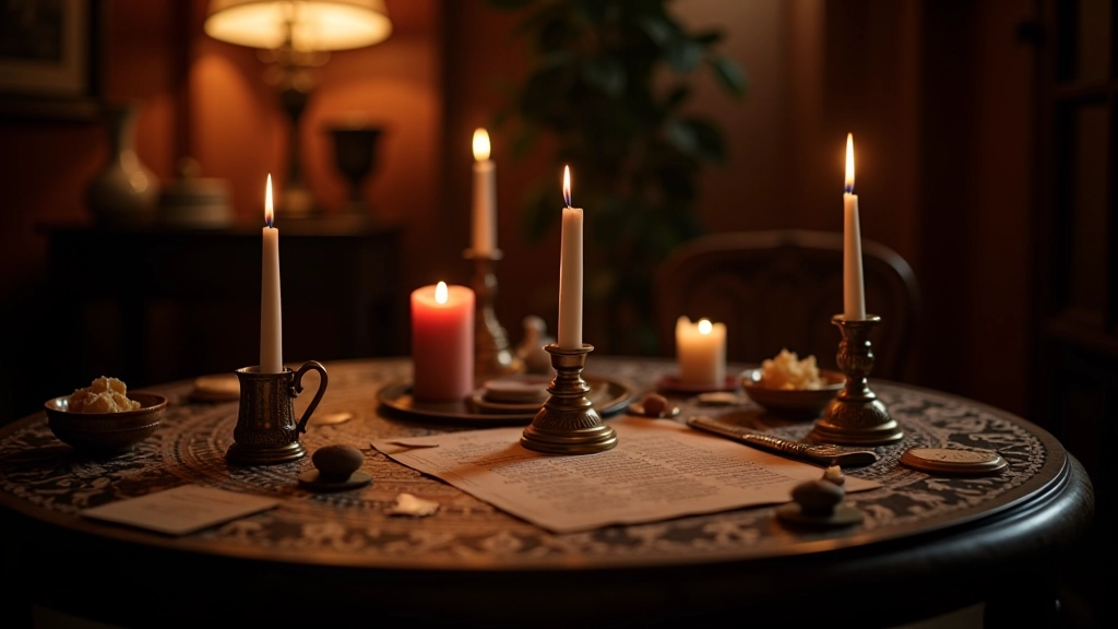 Professional photo of mystery game night setup with themed props, candles, and atmospheric lighting