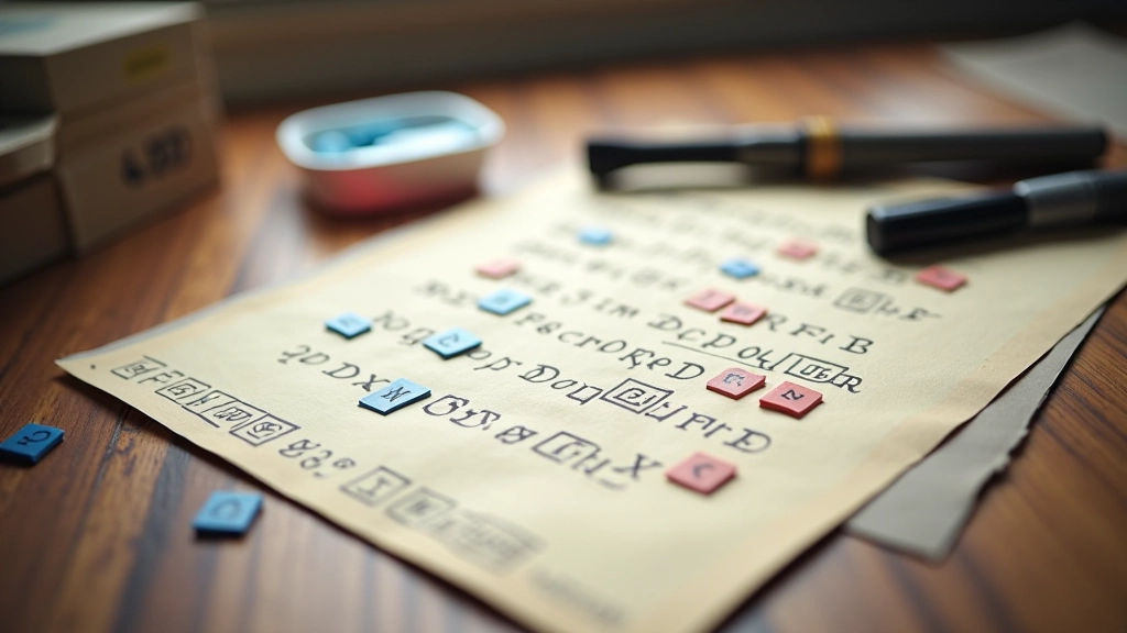 Puzzle pieces arranged on table showing cipher code with letters and numbers mapped to symbols