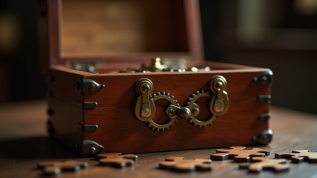 Close-up of puzzle box with mechanical components and engraved symbols visible on surfaces